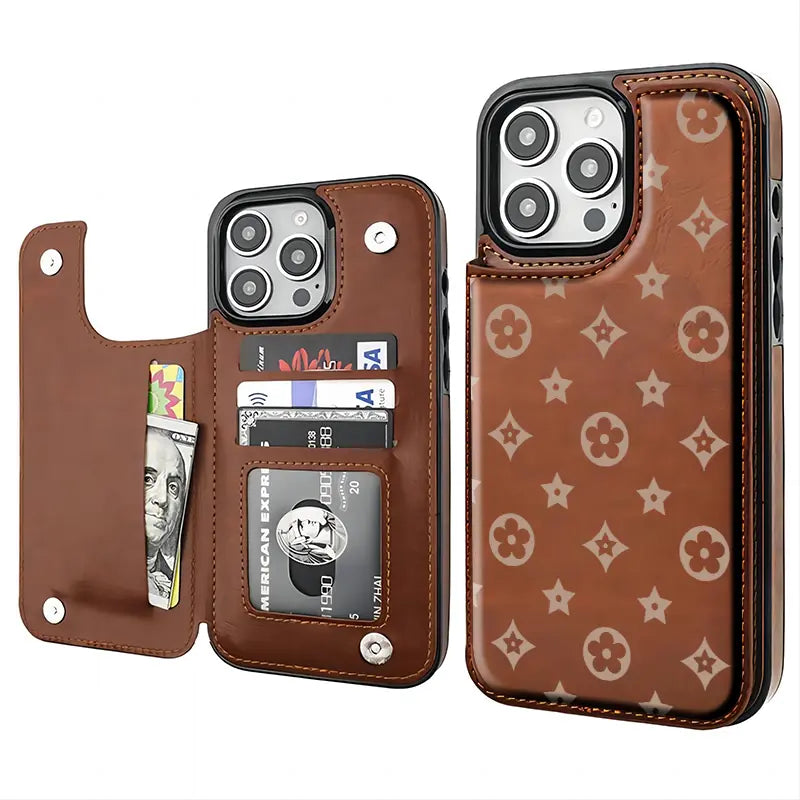 Luxury Floral Print Pattern Phone Case for Iphone 17/16/15/14/13 Pro Max plus High-Quailty PU Black Durable Leather Credit Card Bag Holder Wallet Shockproof Anti-Drop Full Protection Phone Cases Shell 310