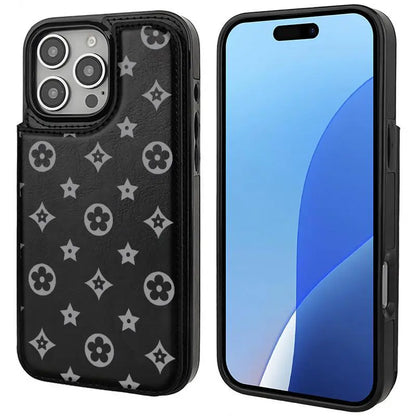 Luxury Floral Print Pattern Phone Case for Iphone 17/16/15/14/13 Pro Max plus High-Quailty PU Black Durable Leather Credit Card Bag Holder Wallet Shockproof Anti-Drop Full Protection Phone Cases Shell 310