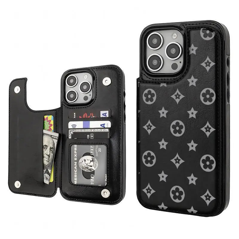 Luxury Floral Print Pattern Phone Case for Iphone 17/16/15/14/13 Pro Max plus High-Quailty PU Black Durable Leather Credit Card Bag Holder Wallet Shockproof Anti-Drop Full Protection Phone Cases Shell 310
