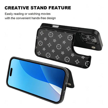 Luxury Floral Print Pattern Phone Case for Iphone 17/16/15/14/13 Pro Max plus High-Quailty PU Black Durable Leather Credit Card Bag Holder Wallet Shockproof Anti-Drop Full Protection Phone Cases Shell 310