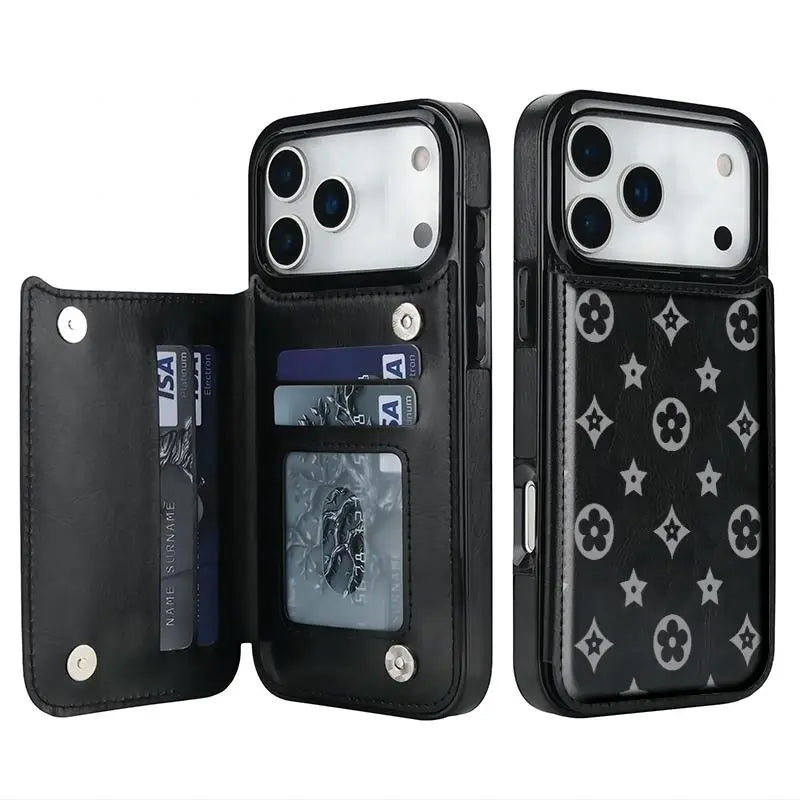 Luxury Floral Print Pattern Phone Case for Iphone 17/16/15/14/13 Pro Max plus High-Quailty PU Black Durable Leather Credit Card Bag Holder Wallet Shockproof Anti-Drop Full Protection Phone Cases Shell 310