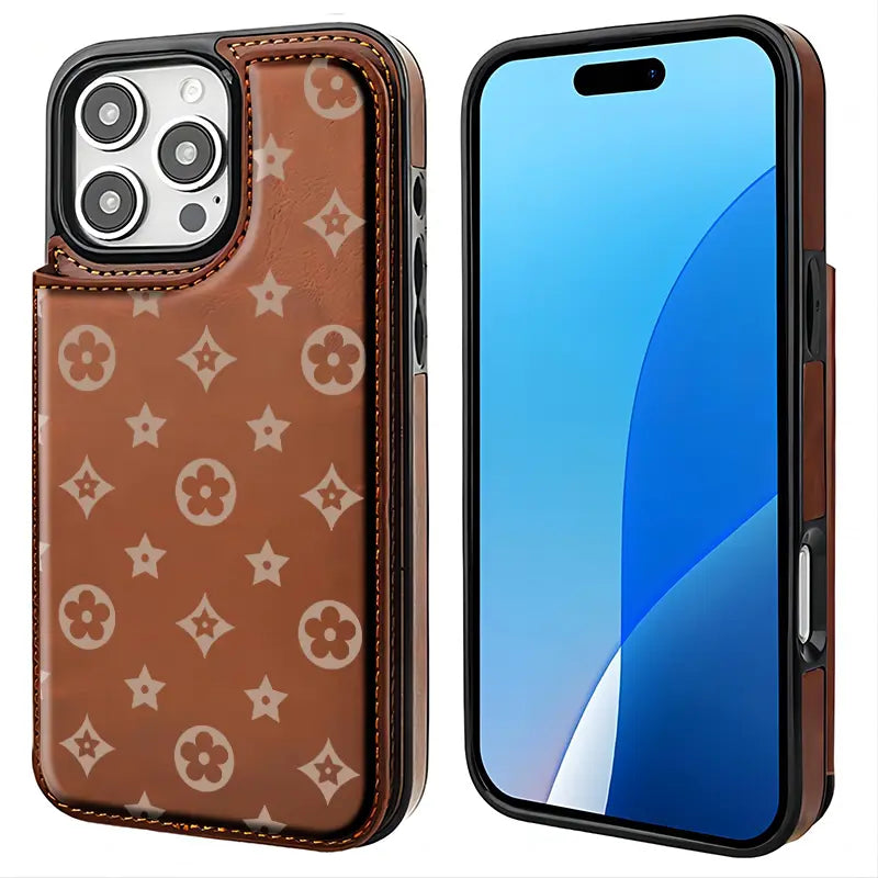 Luxury Floral Print Pattern Phone Case for Iphone 17/16/15/14/13 Pro Max plus High-Quailty PU Black Durable Leather Credit Card Bag Holder Wallet Shockproof Anti-Drop Full Protection Phone Cases Shell 310