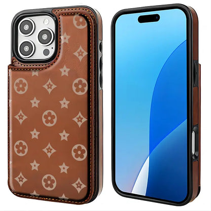 Luxury Floral Print Pattern Phone Case for Iphone 17/16/15/14/13 Pro Max plus High-Quailty PU Black Durable Leather Credit Card Bag Holder Wallet Shockproof Anti-Drop Full Protection Phone Cases Shell 310