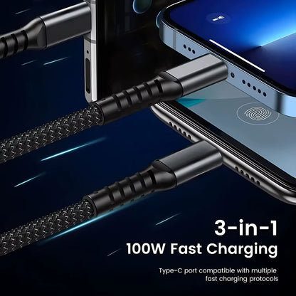 100W Fast Charging Cable Multi Charger Cable Nylon Braided Multiple USB Universal 3 in 1 Charging Cord Adapter with Type-C Micro