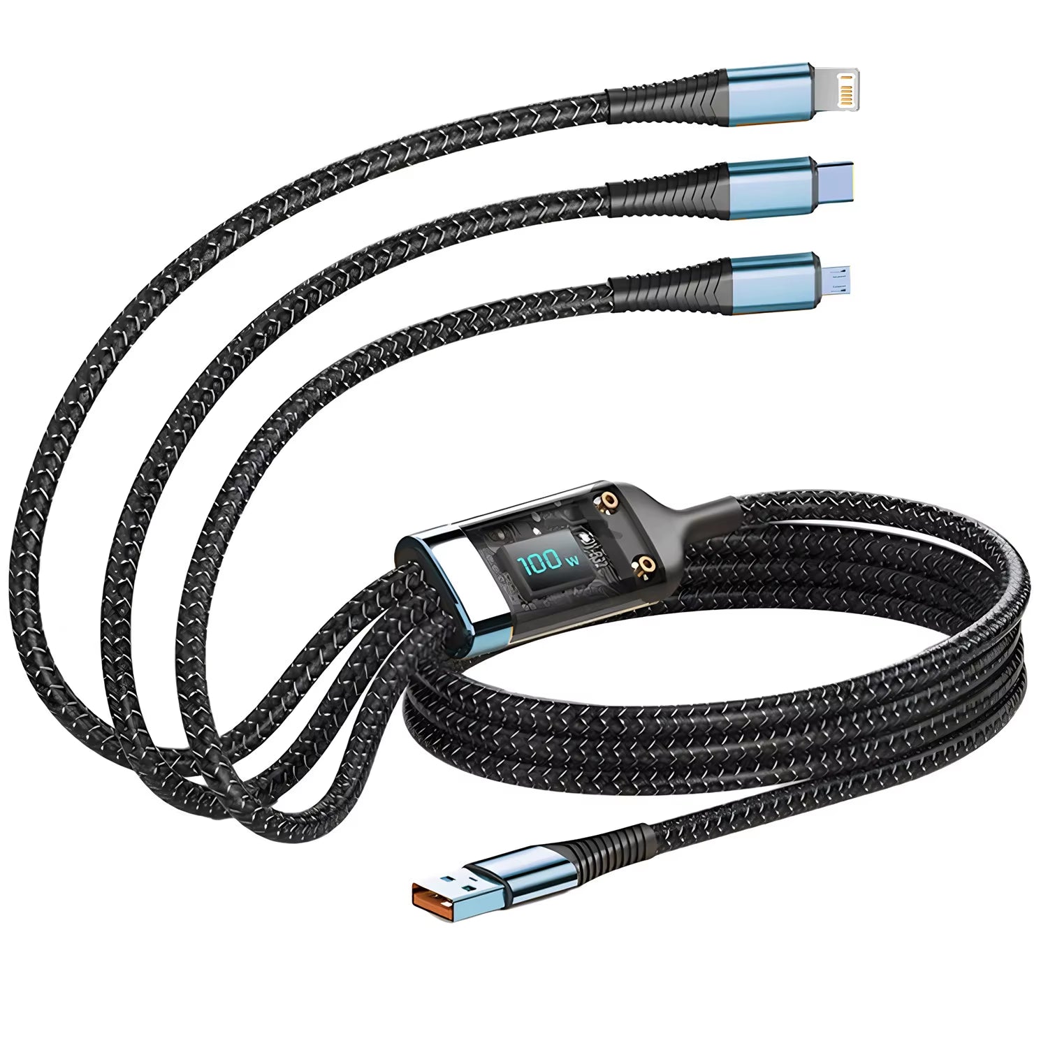 100W Fast Charging Cable Multi Charger Cable Nylon Braided Multiple USB Universal 3 in 1 Charging Cord Adapter with Type-C Micro