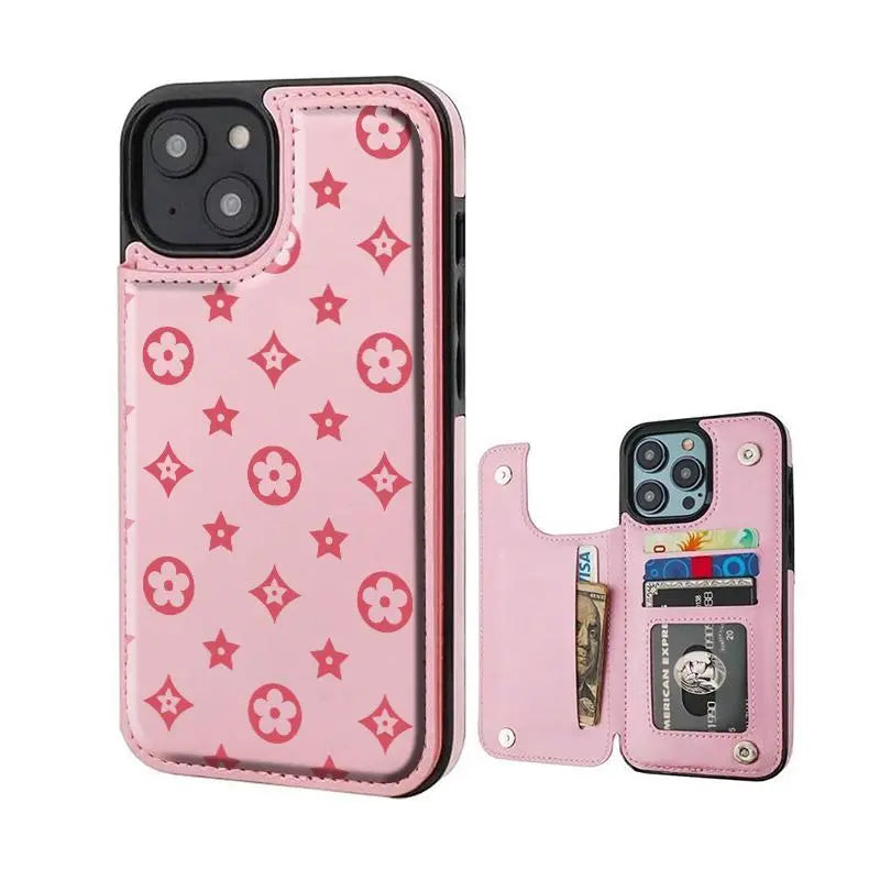Luxury Floral Print Pattern Phone Case for Iphone 17/16/15/14/13 Pro Max plus High-Quailty PU Black Durable Leather Credit Card Bag Holder Wallet Shockproof Anti-Drop Full Protection Phone Cases Shell 310